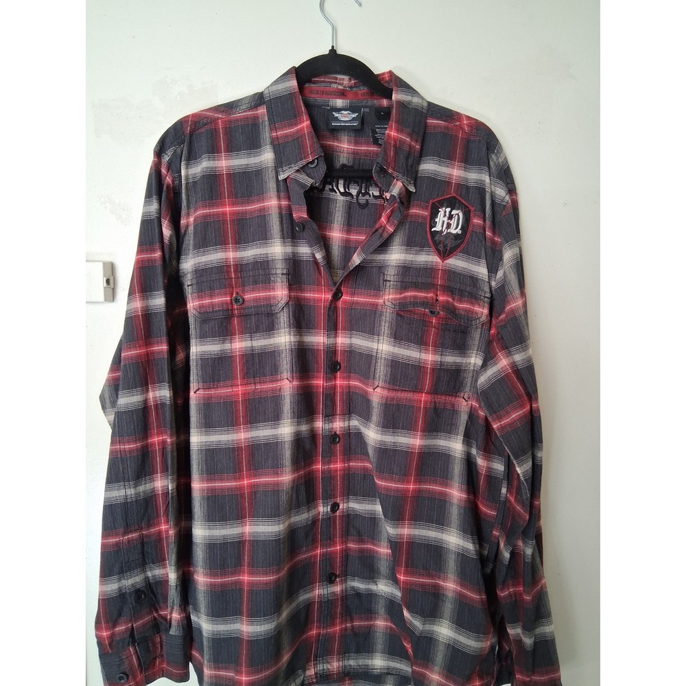 Harley Davidson Mens Large Plaid Button Up Shirt Embroidered Back Biker Gray Red